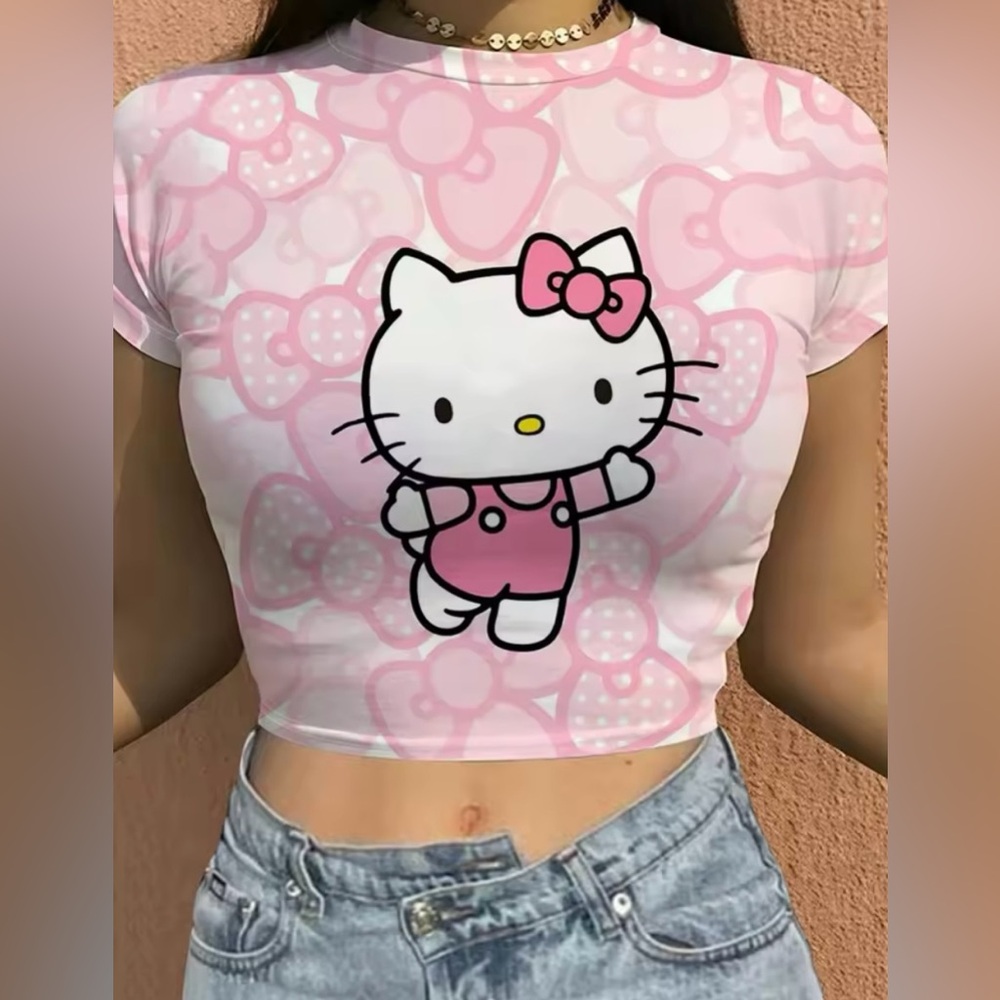 Pink Bows Hello Kitty Crop Top Short Sleeve Girly Fashion